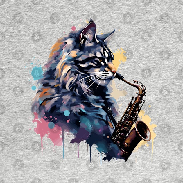 Maine Coon Cat Playing Saxophone by Graceful Designs